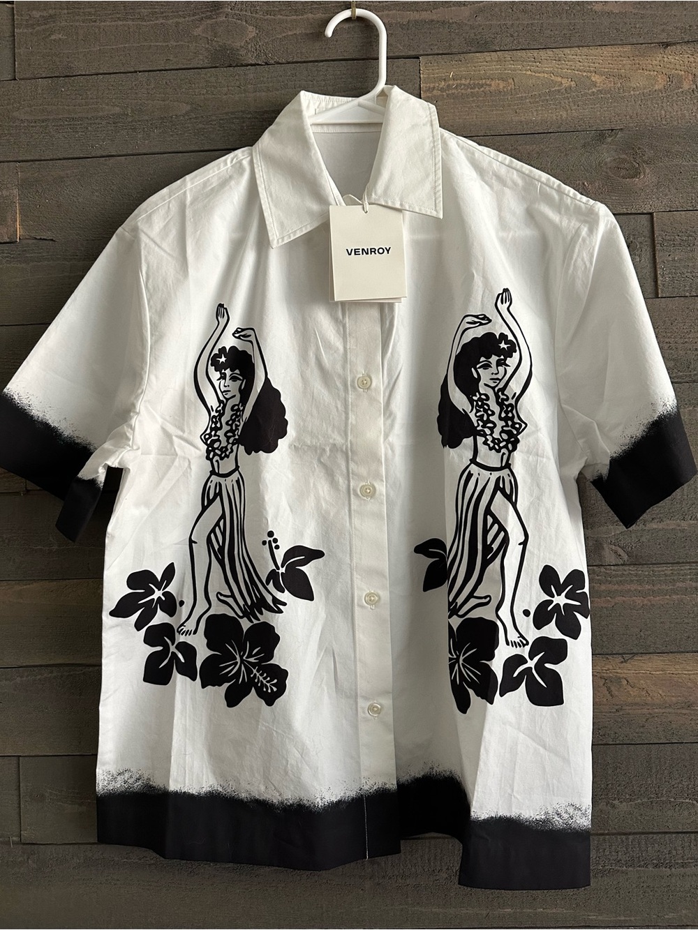 Venroy White & Black Hula Print Button-Up Shirt XS